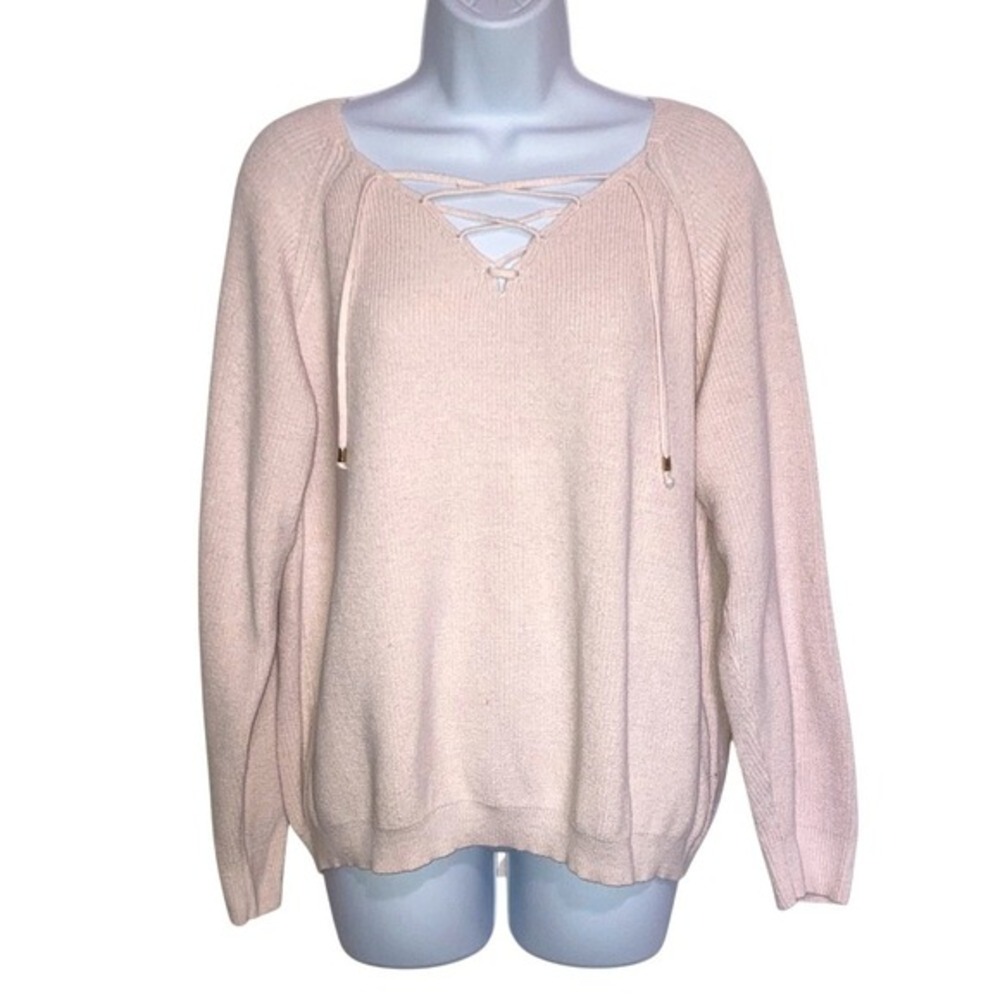 Jones New York Signature Pink Lace-up Cotton Sweater Size Large Soft Girly
